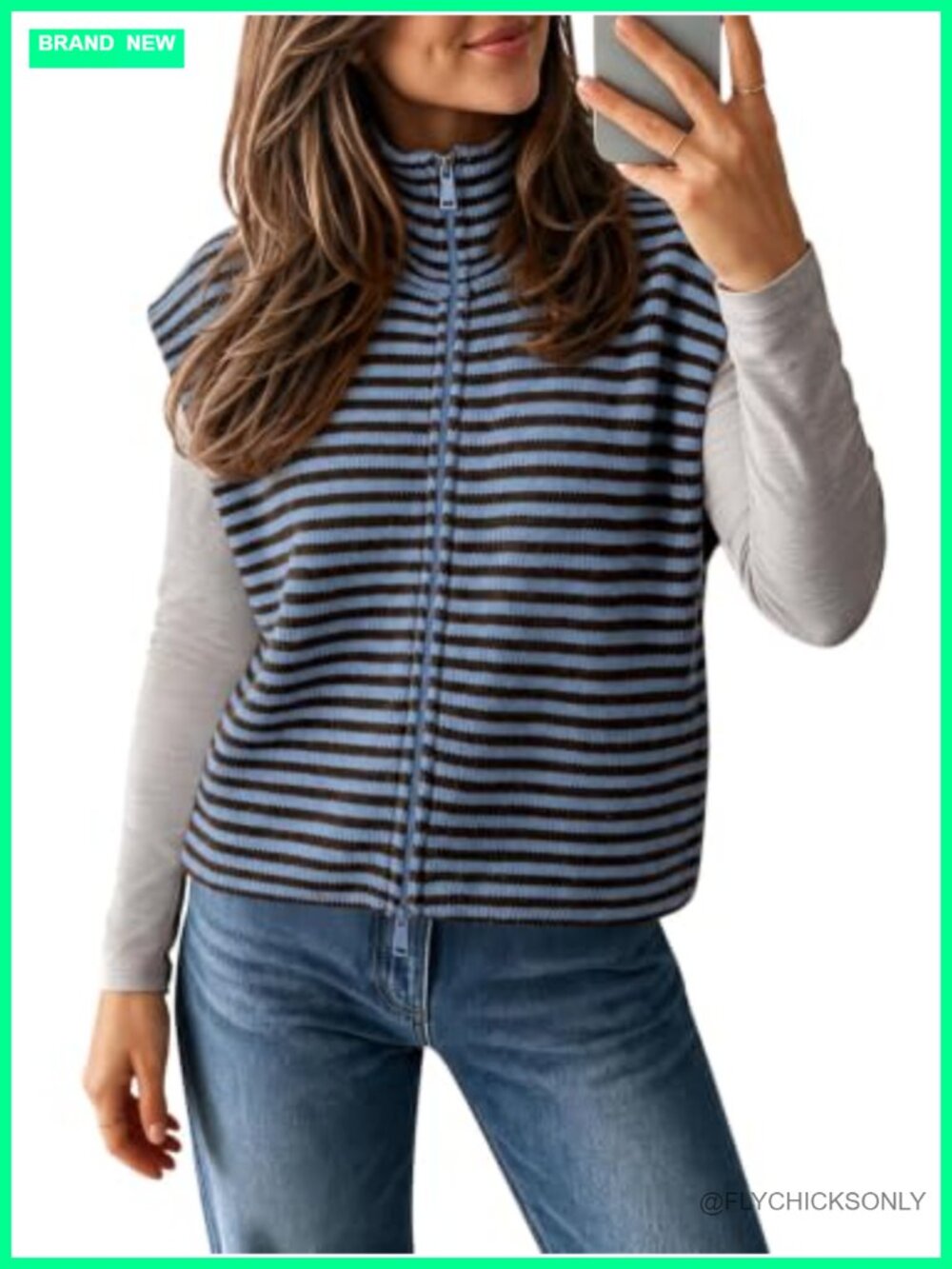 Women Striped Zip Up Knit Cardigan Sweater Vest Cap Sleeve Lightweight